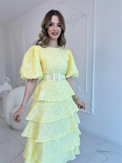 Sarı Kat Kat Balon Kollu Kemerli Elbise