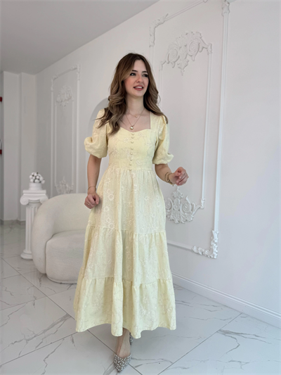 Sarı Süs Düğmeli Balon Kollu Brode Keten Elbise