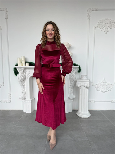 Şerit Tül Detaylı Kemerli Kadife Bordo Elbise