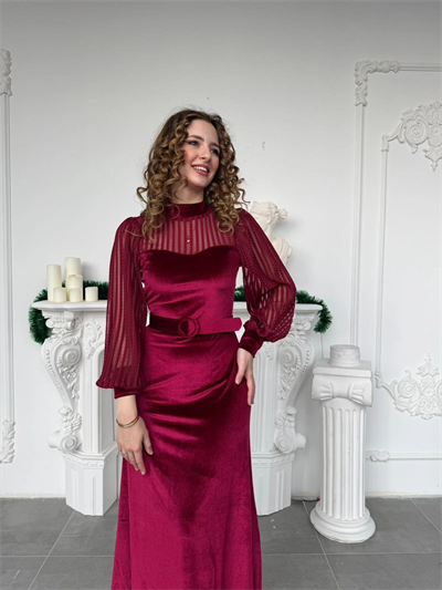 Şerit Tül Detaylı Kemerli Kadife Bordo Elbise