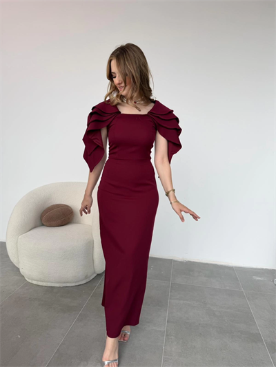Şık Kat Detaylı Angel Model Bordo Elbise