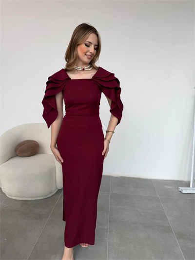 Şık Kat Detaylı Angel Model Bordo Elbise