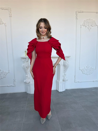 Şık Kat Detaylı Angel Model Kırmızı Elbise