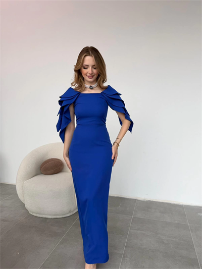 Şık Kat Detaylı Angel Model Saks Elbise