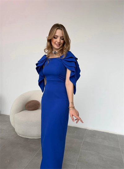 Şık Kat Detaylı Angel Model Saks Elbise