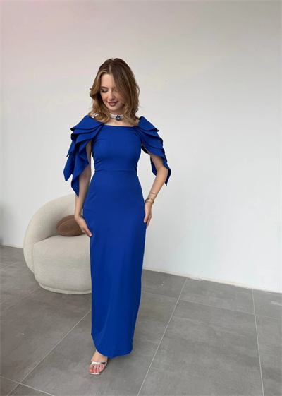 Şık Kat Detaylı Angel Model Saks Elbise