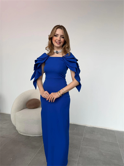 Şık Kat Detaylı Angel Model Saks Elbise