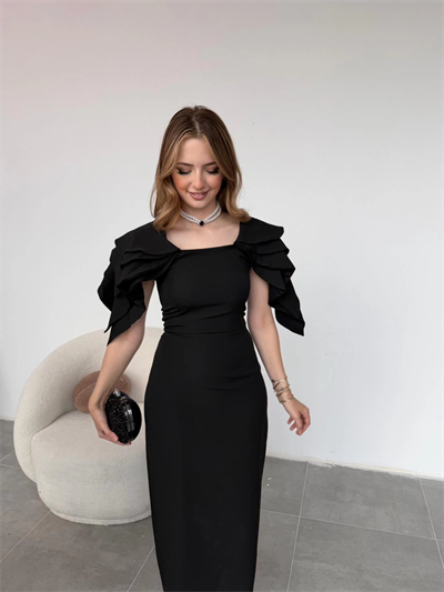 Şık Kat Detaylı Angel Model Siyah Elbise