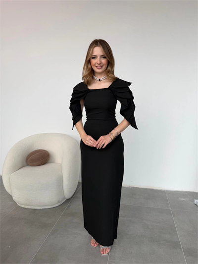 Şık Kat Detaylı Angel Model Siyah Elbise