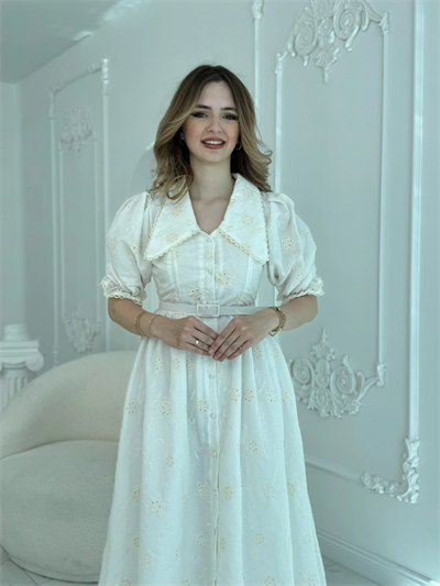 Sivri Bebe Yaka Balon Kollu Ekru Brode Elbise