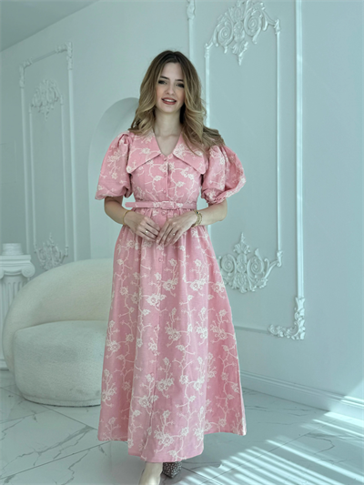 Sivri Bebe Yaka Balon Kollu Pembe Brode Elbise