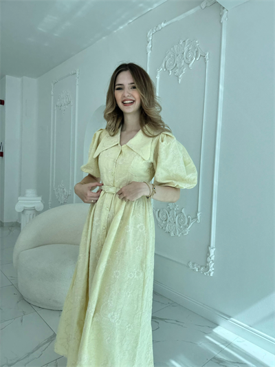 Sivri Bebe Yaka Balon Kollu Sarı Brode Elbise