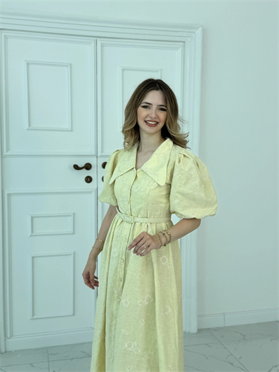 Sivri Bebe Yaka Balon Kollu Sarı Brode Elbise