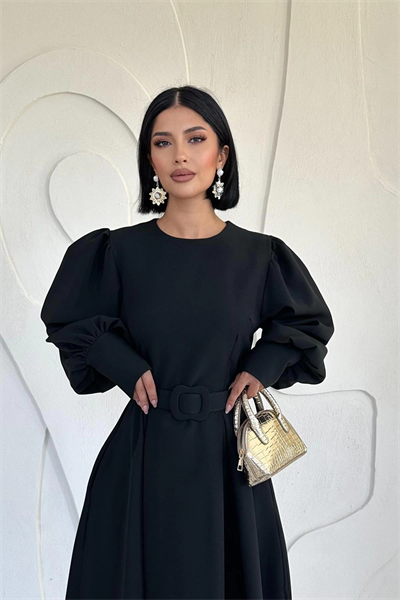 Siyah Balon Kollu Kemerli Elbise