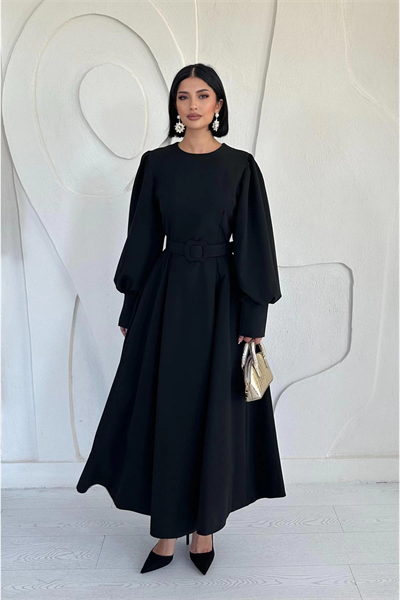 Siyah Balon Kollu Kemerli Elbise