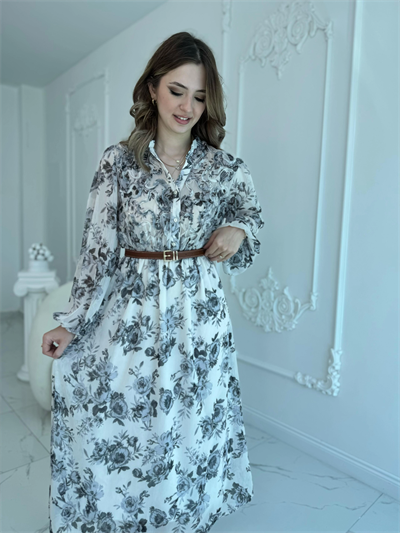 Siyah Çiçekli Kemerli Şifon Elbise