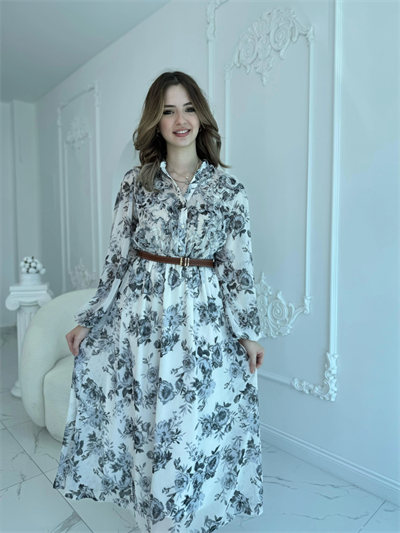 Siyah Çiçekli Kemerli Şifon Elbise