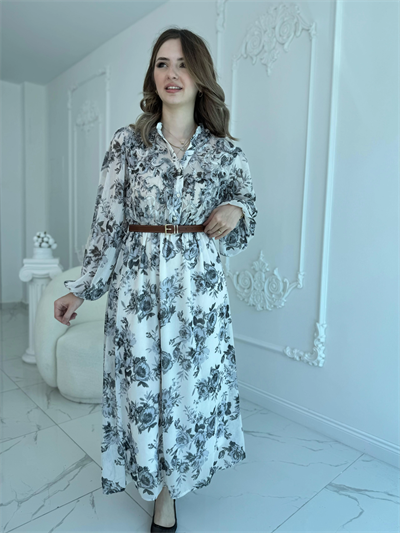 Siyah Çiçekli Kemerli Şifon Elbise