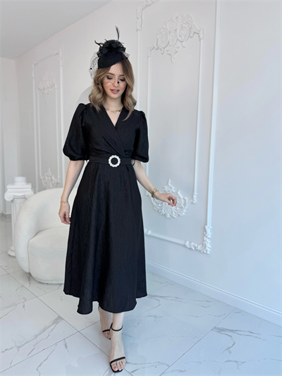 Siyah Işıltılı Kemerli Kruvaze Elbise