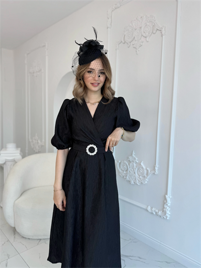 Siyah Işıltılı Kemerli Kruvaze Elbise