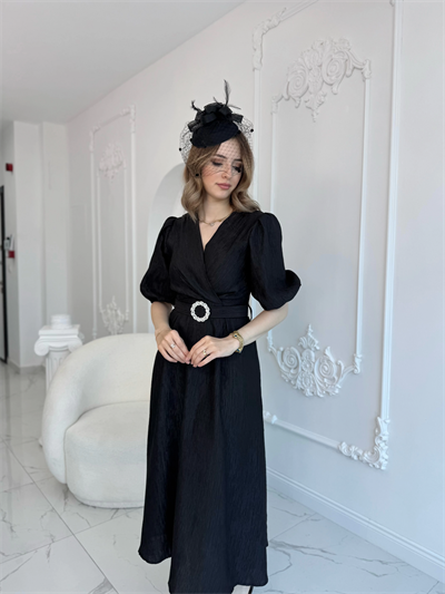 Siyah Işıltılı Kemerli Kruvaze Elbise