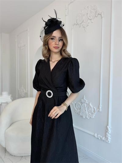 Siyah Işıltılı Kemerli Kruvaze Elbise