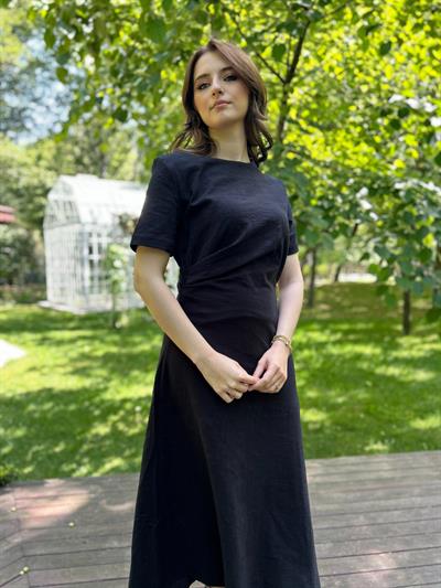 Siyah Keten Maxi Boy Elbise