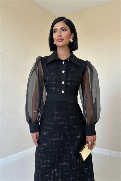 Siyah Kolu Organze Garnili Elbise