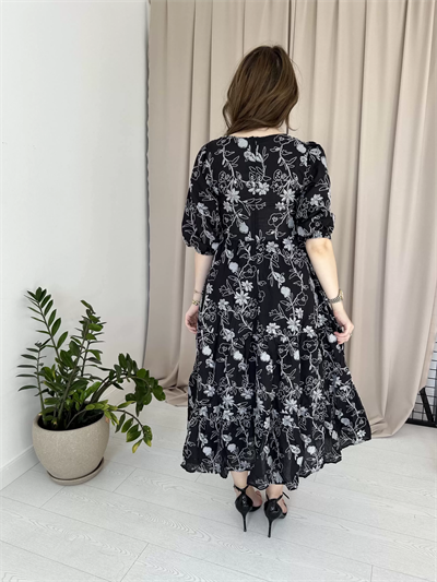 Siyah Nakış İşlemeli Brode Elbise