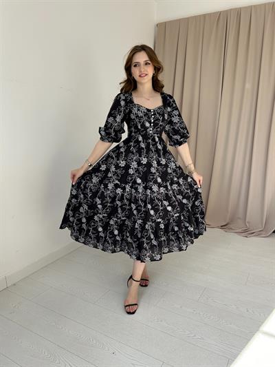Siyah Nakış İşlemeli Brode Elbise