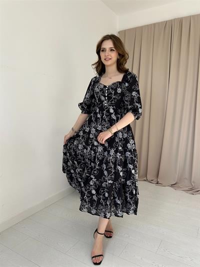 Siyah Nakış İşlemeli Brode Elbise