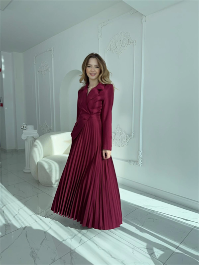 Takım Görünümlü Pileli Bordo Maxi Elbise
