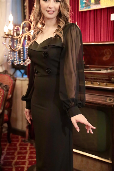 Taş Düğmeli Saten Yaka Detaylı Şifon Kol Siyah Elbise