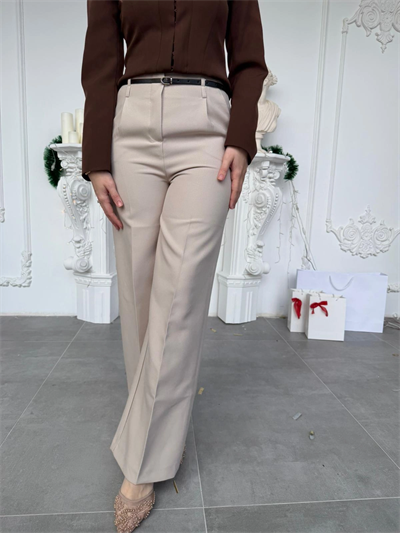 Taş Rengi Kemerli Yüksek Bel Fitilli Pantolon