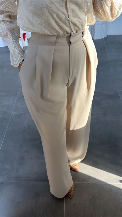 Taş Rengi Yüksek Bel Pileli Palazzo Pantolon