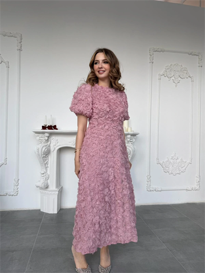 Üç Boyutlu Gül Aplike Kabartmalı Balon Kol Pembe Midi Elbise