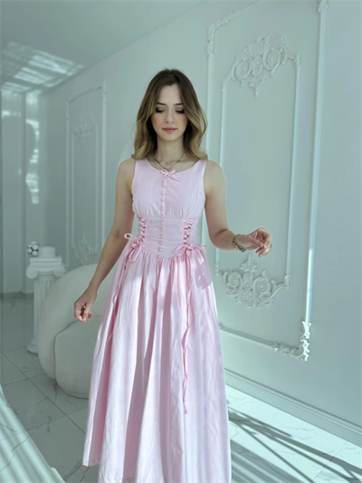 Yan Bağcıklı Korse Formlu Pembe Elbise