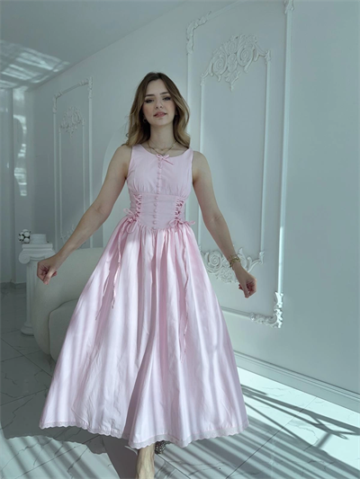 Yan Bağcıklı Korse Formlu Pembe Elbise