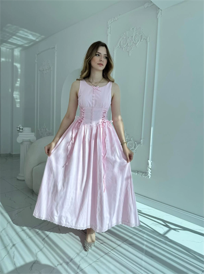 Yan Bağcıklı Korse Formlu Pembe Elbise