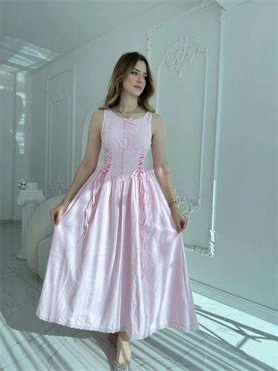 Yan Bağcıklı Korse Formlu Pembe Elbise