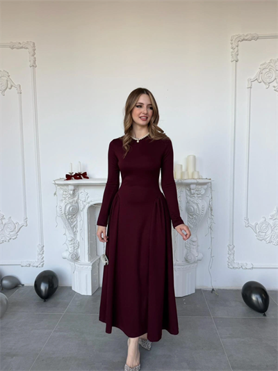 Yanları Büzgülü Bisiklet Yaka Uzun Kollu Scuba Bordo Elbise