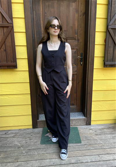 Yelekli Palazzo Pantolunlu Siyah İkili Takım