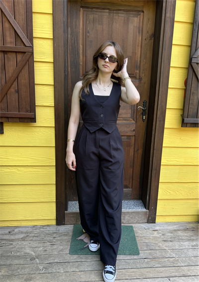 Yelekli Palazzo Pantolunlu Siyah İkili Takım