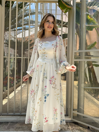 Yulia Çiçek ve Korse Detaylı Şifon Krem Elbise ( HELİS ÖZEL TASARIMI )