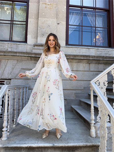 Yulia Çiçek ve Korse Detaylı Şifon Krem Elbise ( HELİS ÖZEL TASARIMI )