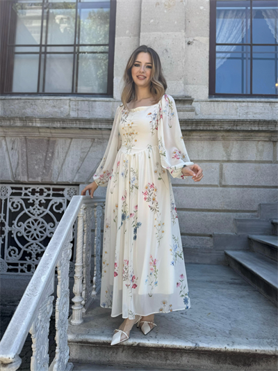 Yulia Çiçek ve Korse Detaylı Şifon Krem Elbise ( HELİS ÖZEL TASARIMI )