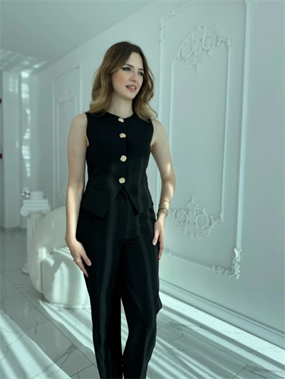 Zarif Kesimli Gold Düğmeli Pantolon & Yelek Takım Siyah