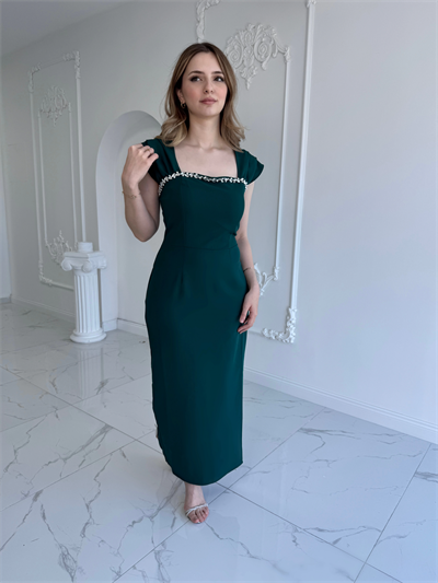 Zümrüt Maxi boy yaka taş detaylı uzun elbise