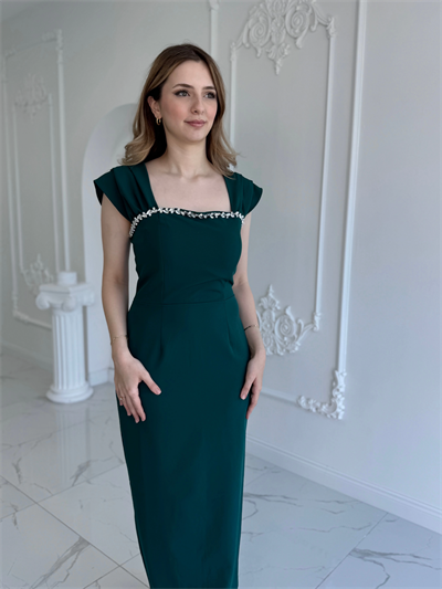 Zümrüt Maxi boy yaka taş detaylı uzun elbise