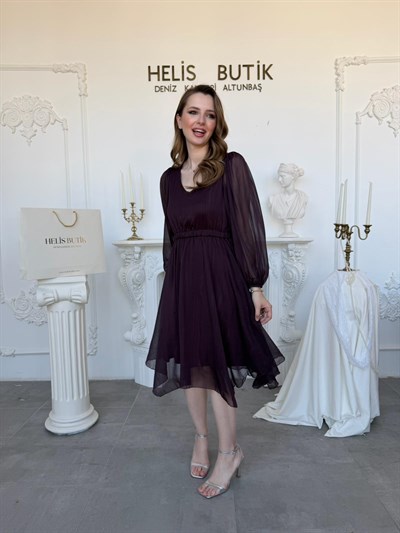 Asimetrik Kesim Simli Şifon Kumaş V Yaka Midi Boy Elbise - Mürdüm